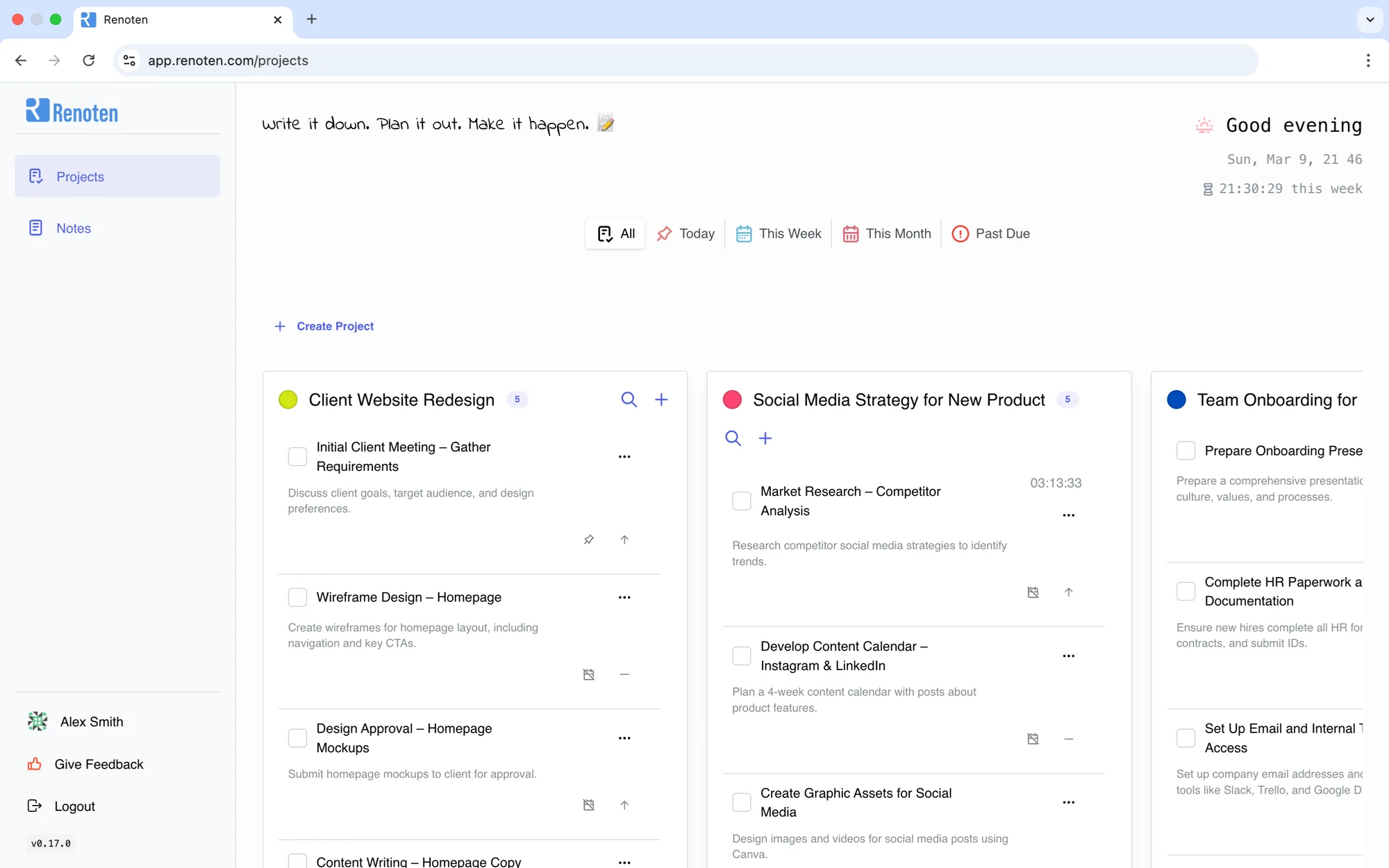 Renoten main task and time management interface